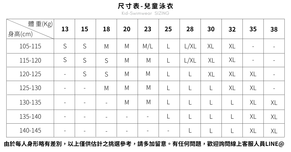 Haolang 尺寸表 -兒童泳衣