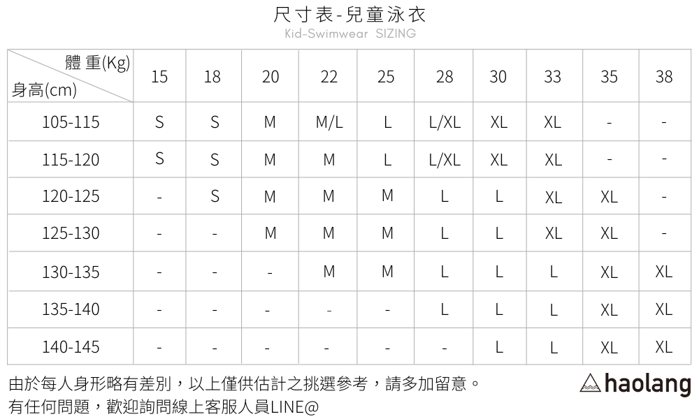 Haolang 尺寸表 -兒童泳衣