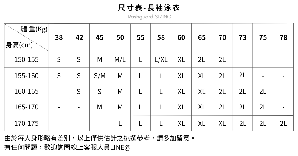 長袖泳衣(標準)S-2L.jpg Haolang 尺寸表 -女款長袖泳衣