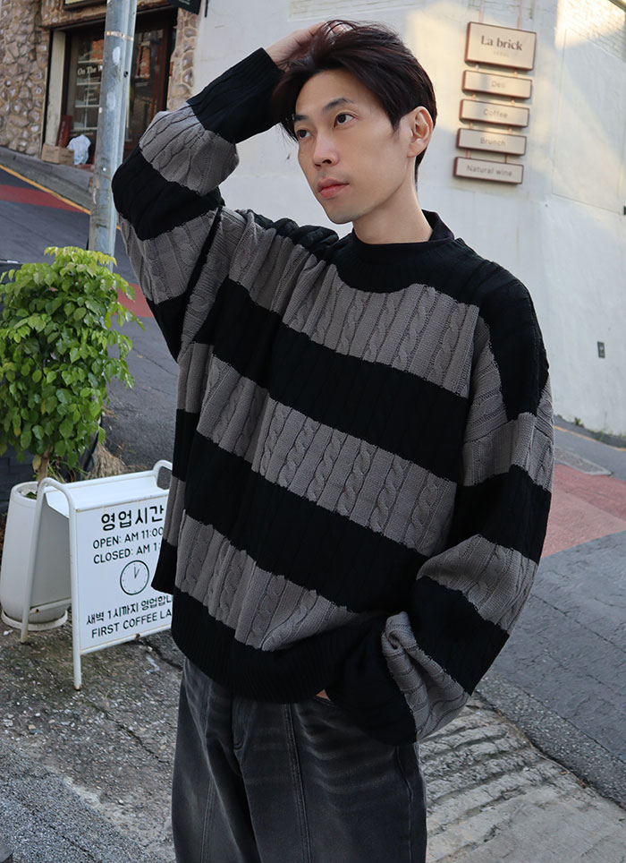 【 Giusto 】 配色橫條麻花針織上衣