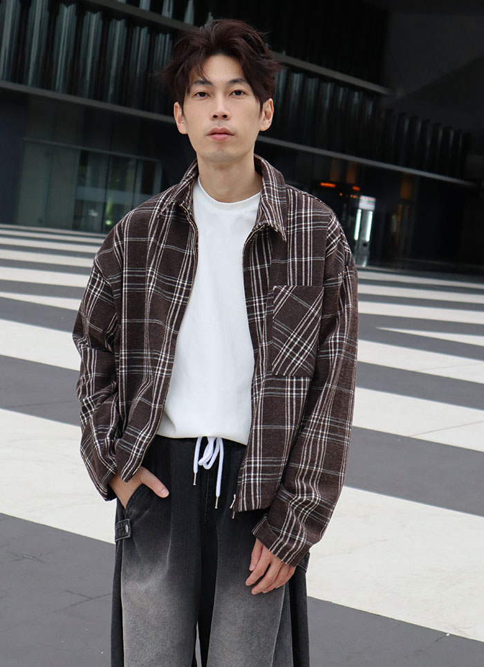 【 Giusto 】短板復故格紋拉鏈夾克