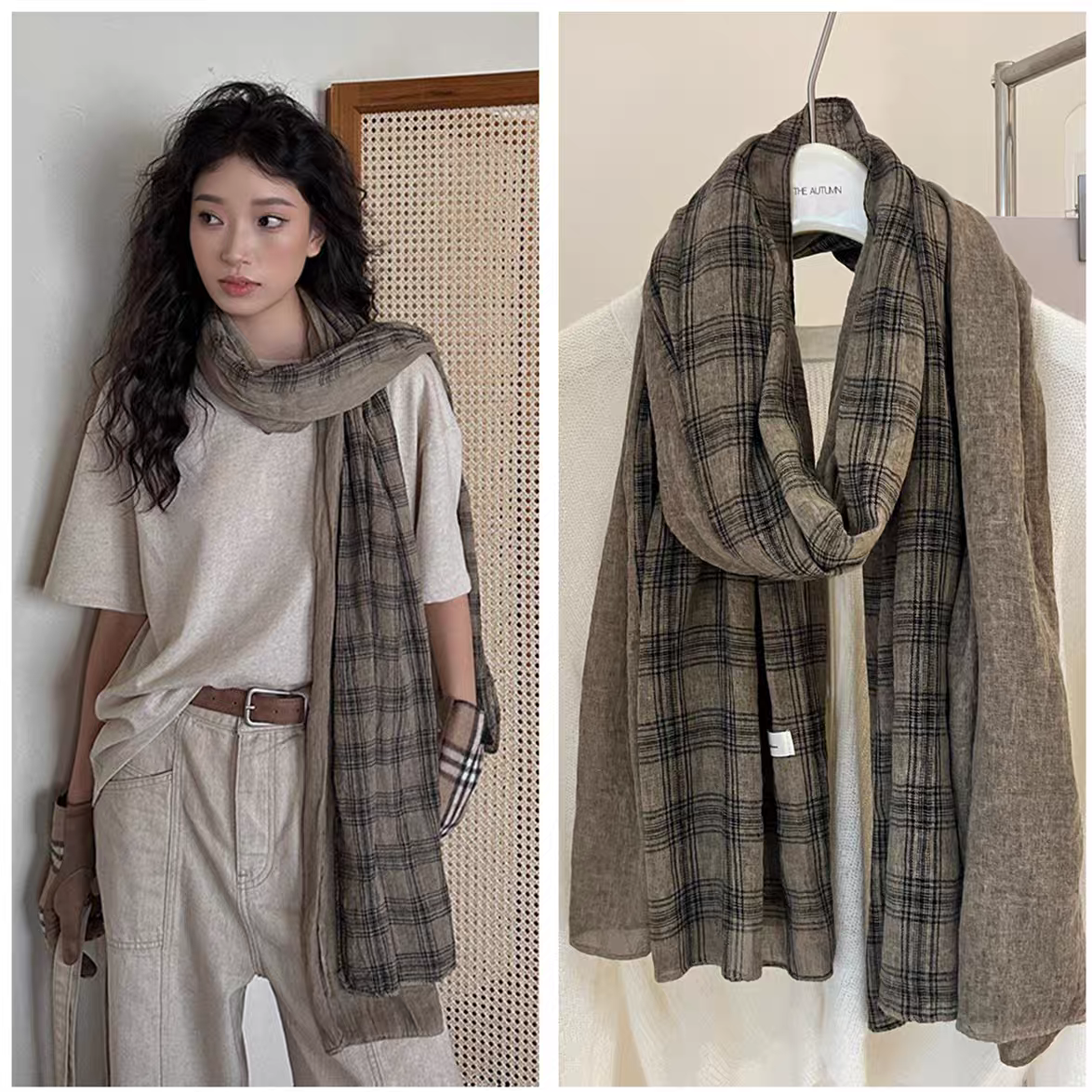 韓版氛圍感格子圍巾 全棉亞麻質感雙色披肩
