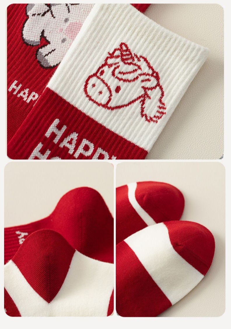 屬馬必收 可愛小馬年紅色中筒襪 日系卡通小馬 秋冬百搭女襪5雙組4