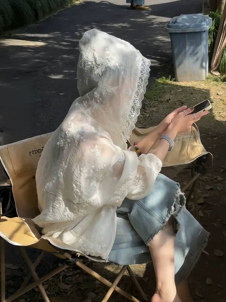 法式蕾絲連帽防曬衫輕薄舒適款2