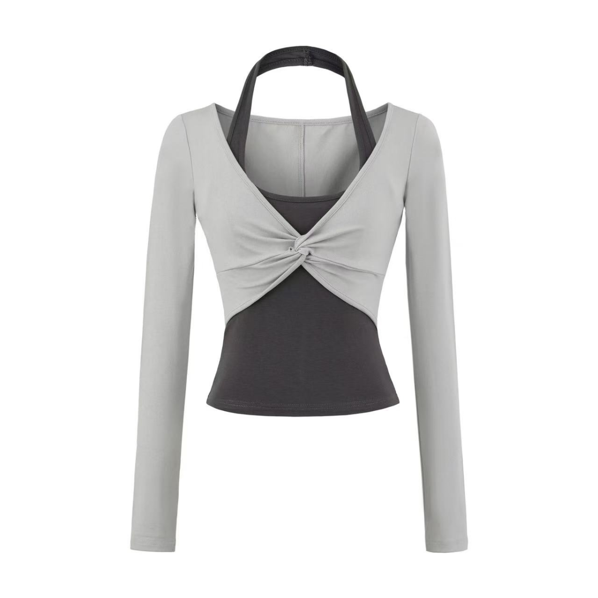 氣質撞色假兩件掛脖 修身顯瘦長袖運動T恤6