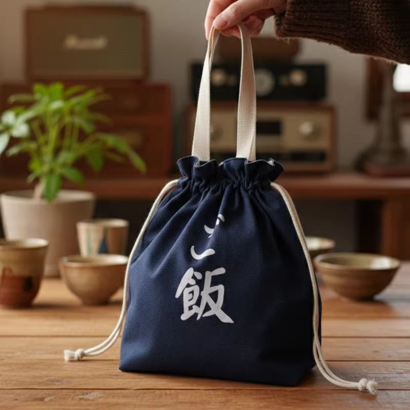 日式「ご飯」加厚帆布雙層隔熱便當袋|抽繩束口大容量手提飯盒袋1