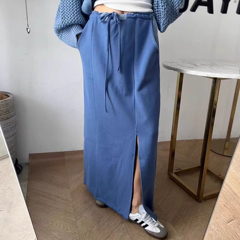 韓系復古感側開叉長裙 高腰顯瘦・慵懶百搭半身裙