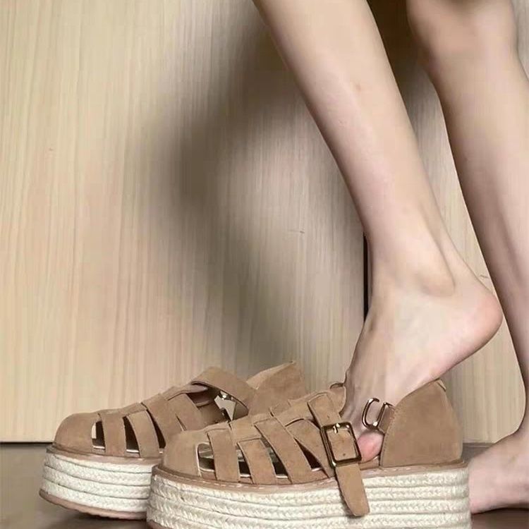 日系復古草編厚底羅馬涼鞋1