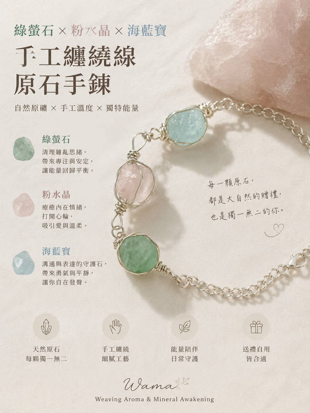 綠螢石 × 粉水晶 × 海藍寶 手工纏繞線原石手鍊1