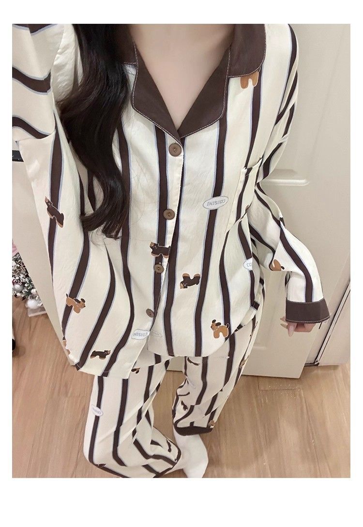 春秋腊腸狗條紋睡衣套裝 撞色設計慵懶家居服
