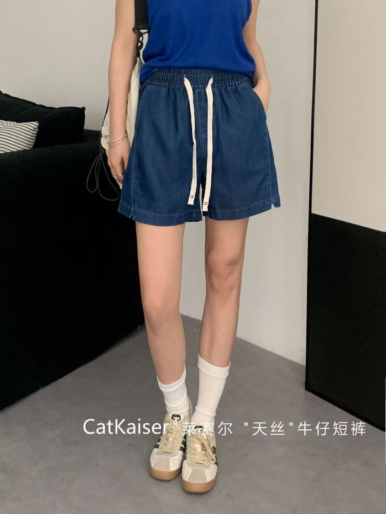 CatKaiser 萊賽爾天絲牛仔短褲 鬆緊腰清涼五分褲5