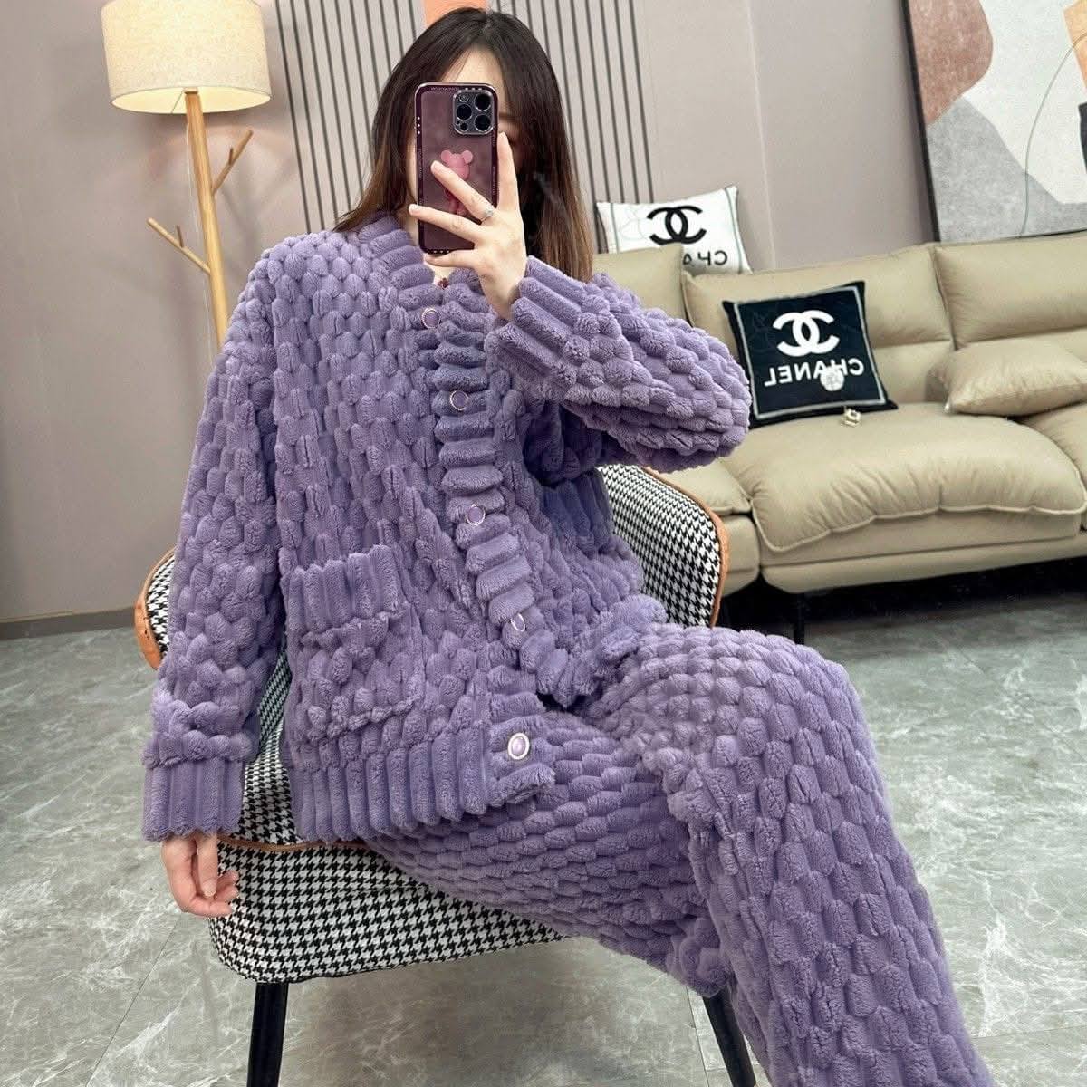 冬季長袖紫色珊瑚絨居家睡衣套裝2