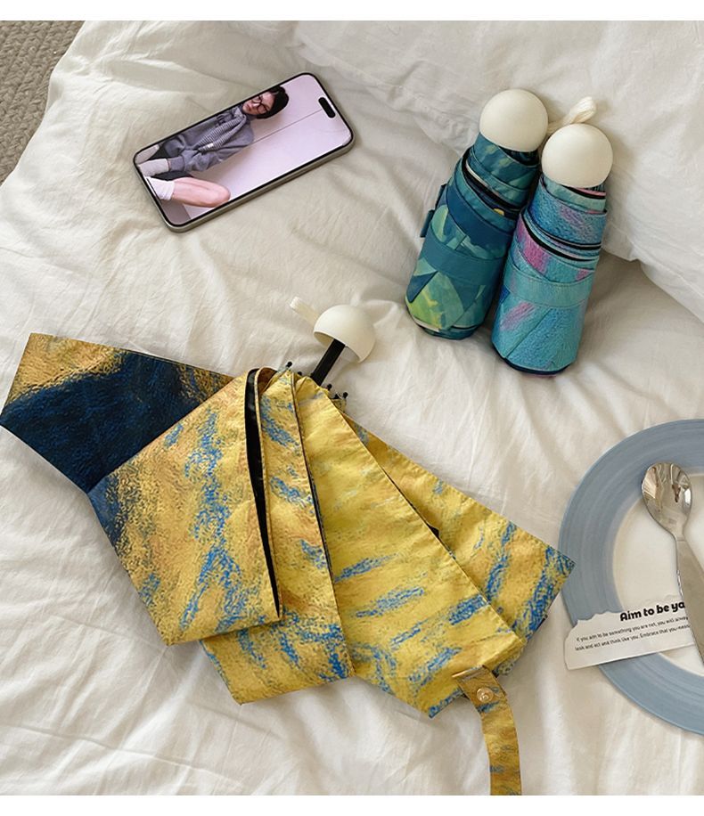 油畫系列可愛貓咪傘 UPF50+黑膠防曬 五折迷你口袋傘2