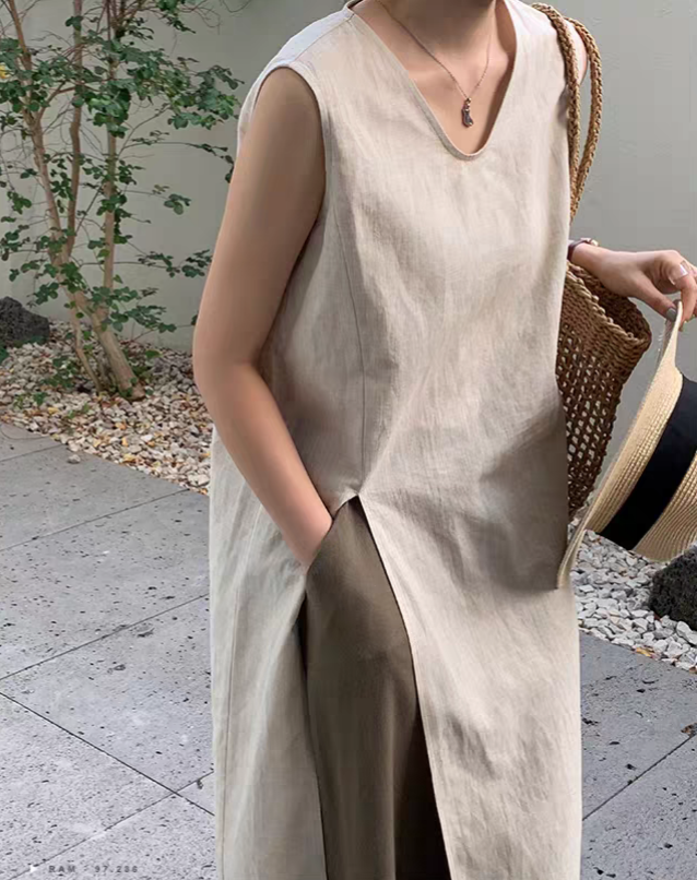 棉麻V領開衩無袖連身裙3