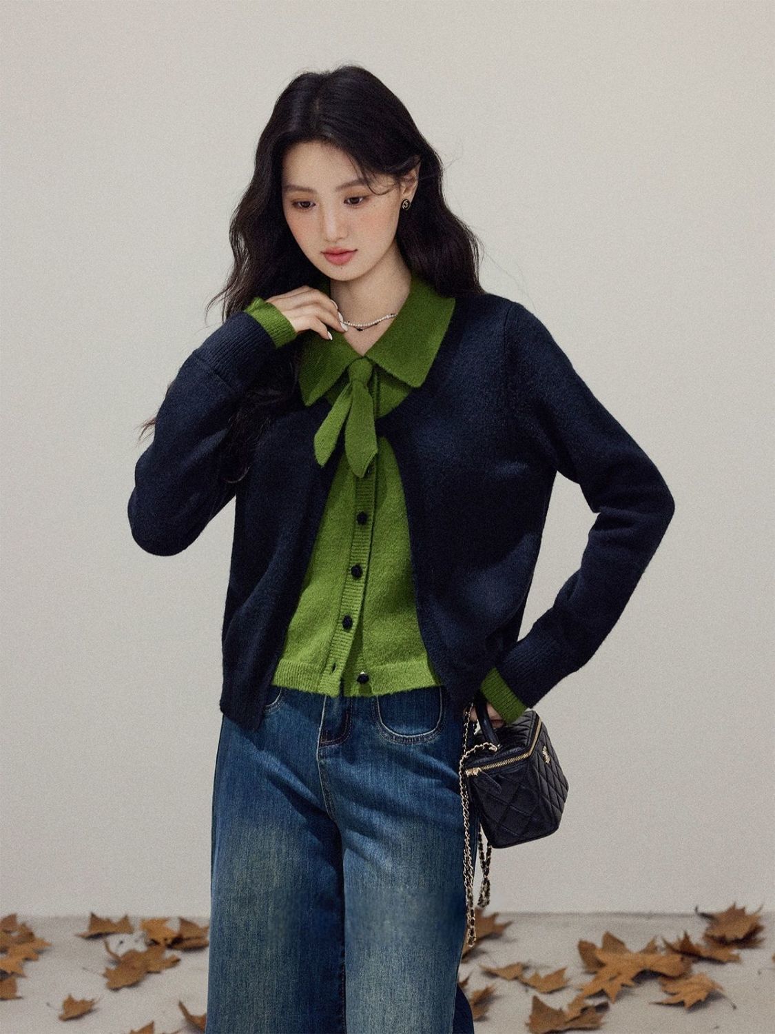 內搭感滿分 秋冬新款黑綠拼色 顯白綠黑配色假兩件針織外套