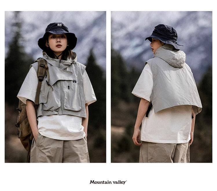 山系機能連帽短款背心 日系戶外多口袋坎肩・男女同款情侶背心8