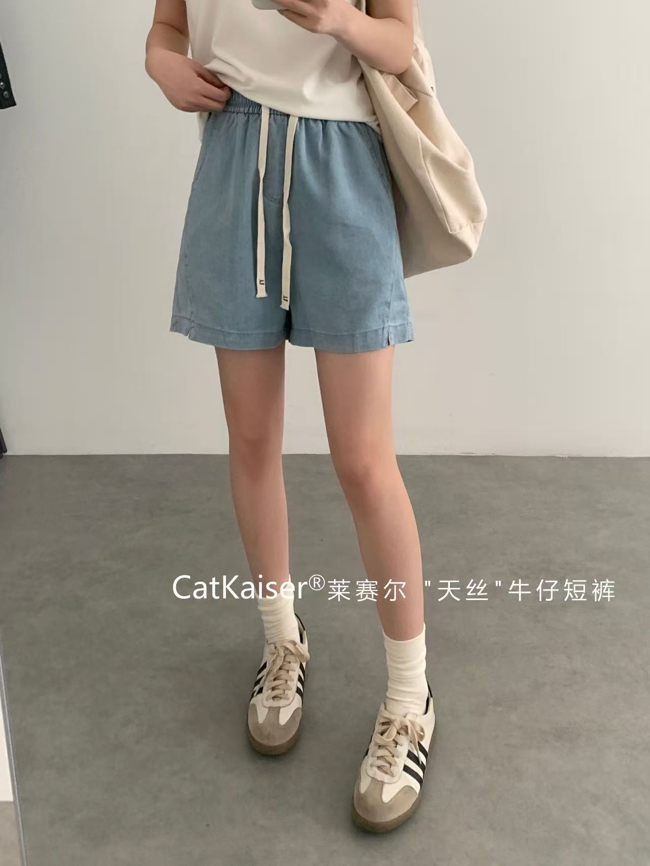 CatKaiser 萊賽爾天絲牛仔短褲 鬆緊腰清涼五分褲8