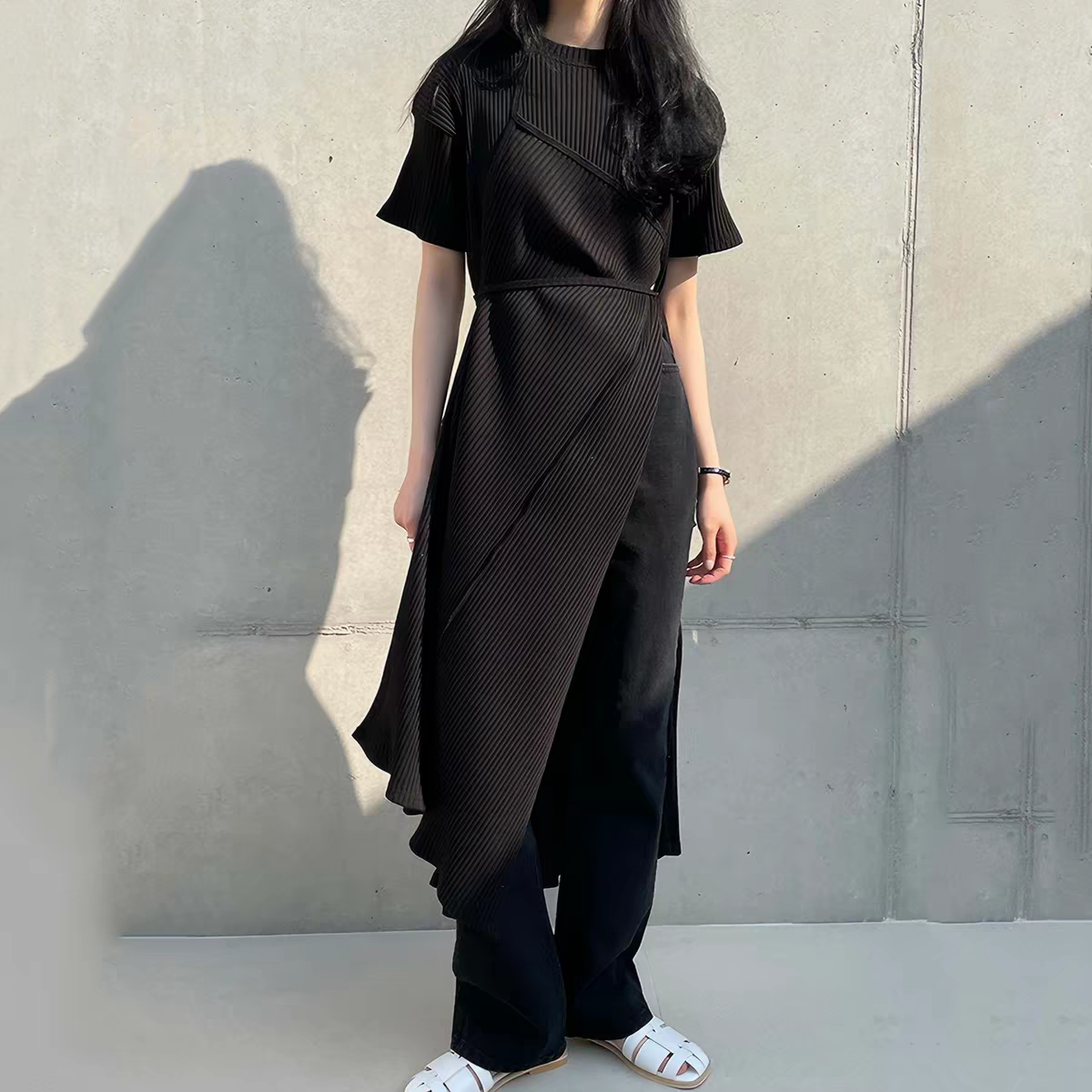 韓系極簡風 綁帶收腰側開叉長洋裝4