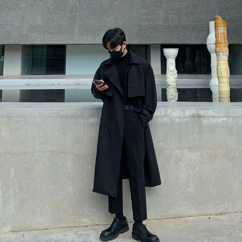 秋冬韓版男士中長款過膝休閒風衣外套  黑色M現貨