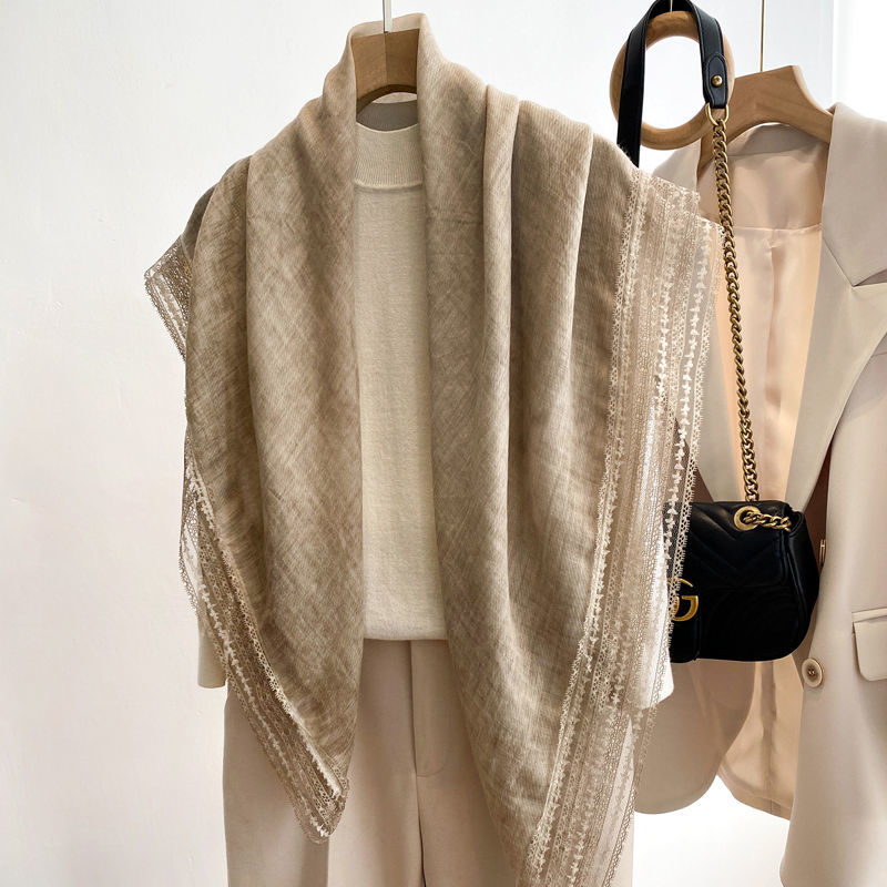 出口英國氛圍感蕾絲邊圍巾 棉麻質感方巾披肩