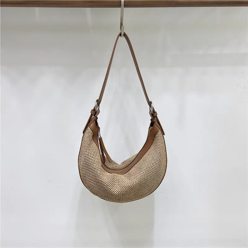 夏季拼接草編包 時尚通勤月牙單肩斜背包2
