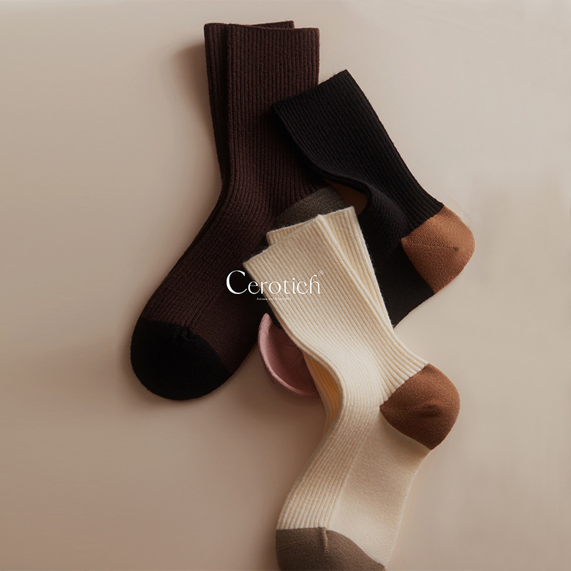 秋冬羊毛坑條撞色女襪中筒襪