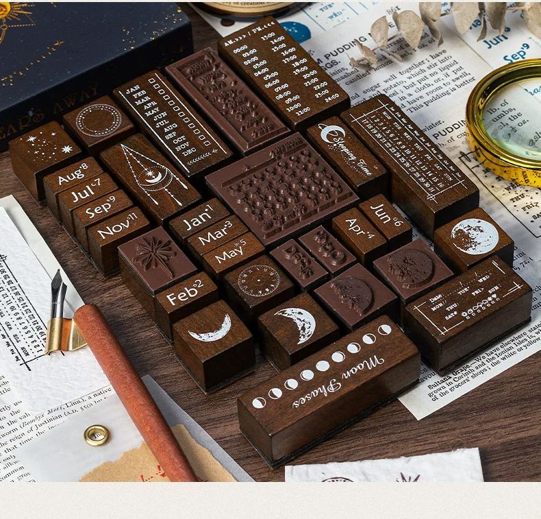 月相星輝木質印章套盒 30枚萬年曆 × 月亮手帳印章3