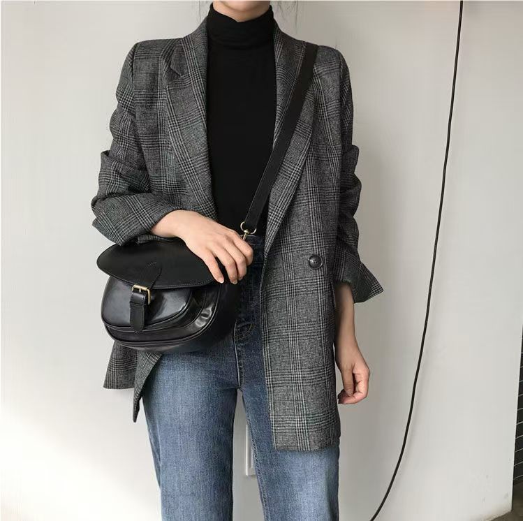 韓系復古雙排扣格紋西裝外套8