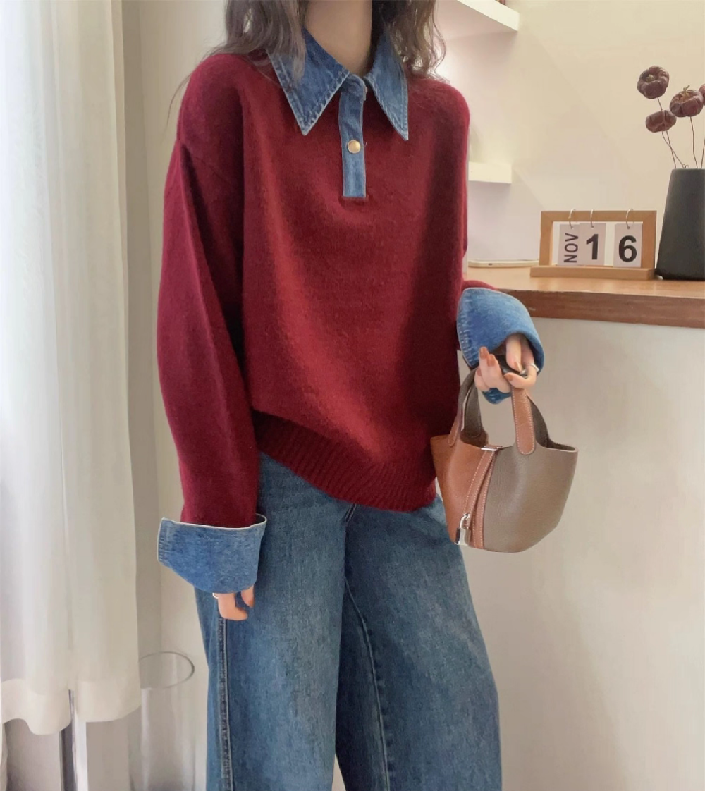 冬季新款Polo領牛仔拼接針織上衣 高級感假兩件針織衫