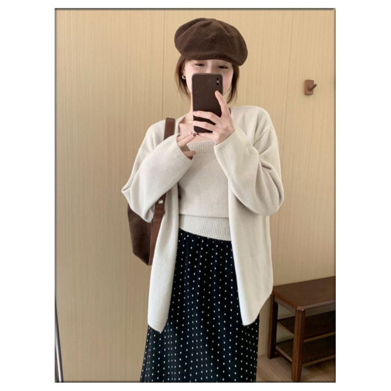 韓版溫柔風針織兩件套 寬鬆開衫＋方領吊帶背心