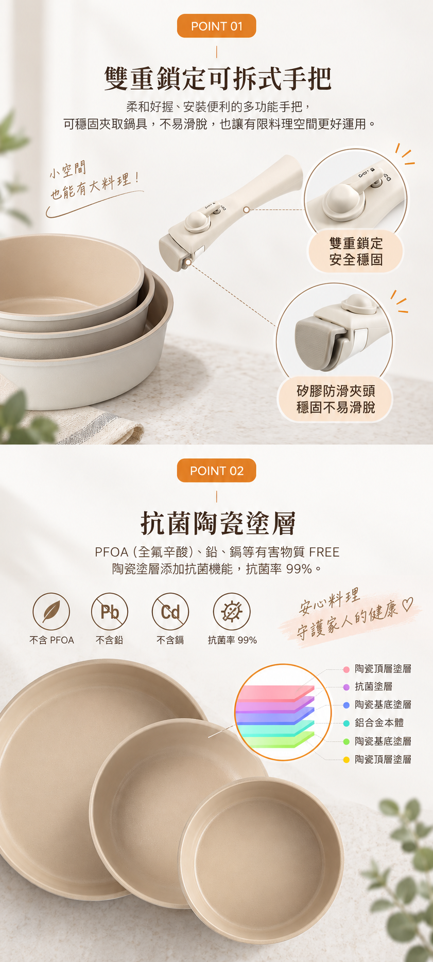韓國Arisu可拆卸IH陶瓷99.9%抗菌不沾鍋具5件組-L號3