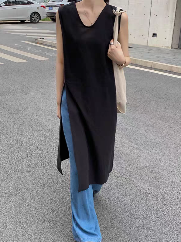 棉麻V領開衩無袖連身裙4