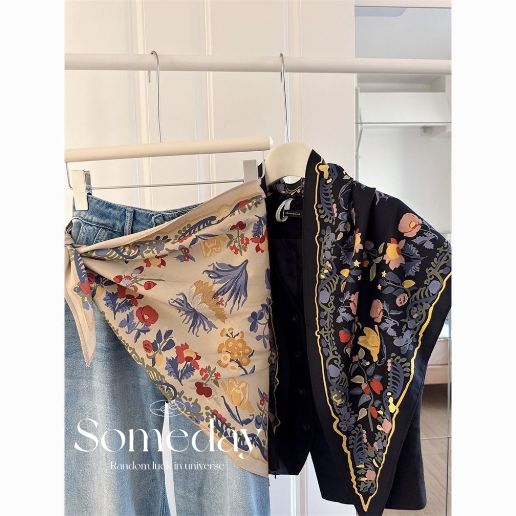 秋季暮色印花三角巾  新款時尚百搭絲質圍巾/綁腰頭巾