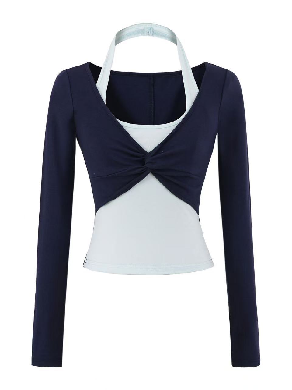 氣質撞色假兩件掛脖 修身顯瘦長袖運動T恤4