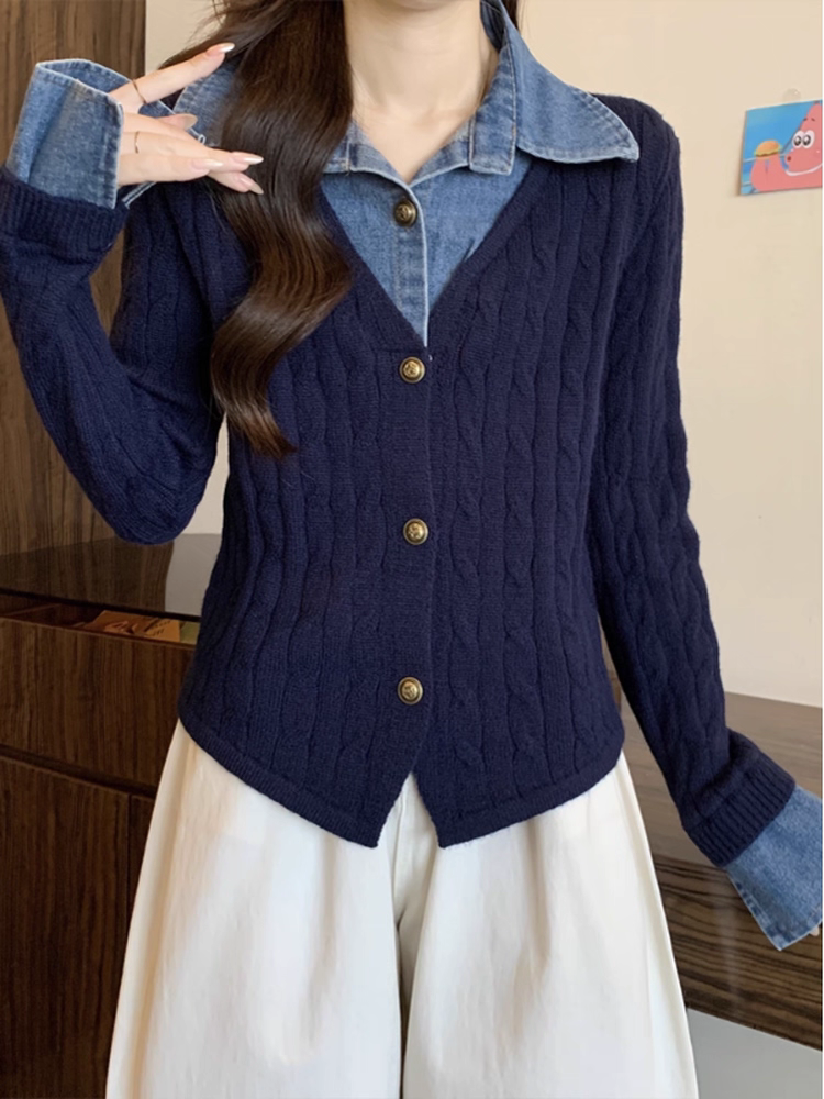 歐貨牛仔拼接針織衫 假兩件設計・秋冬高級氣質開襟上衣