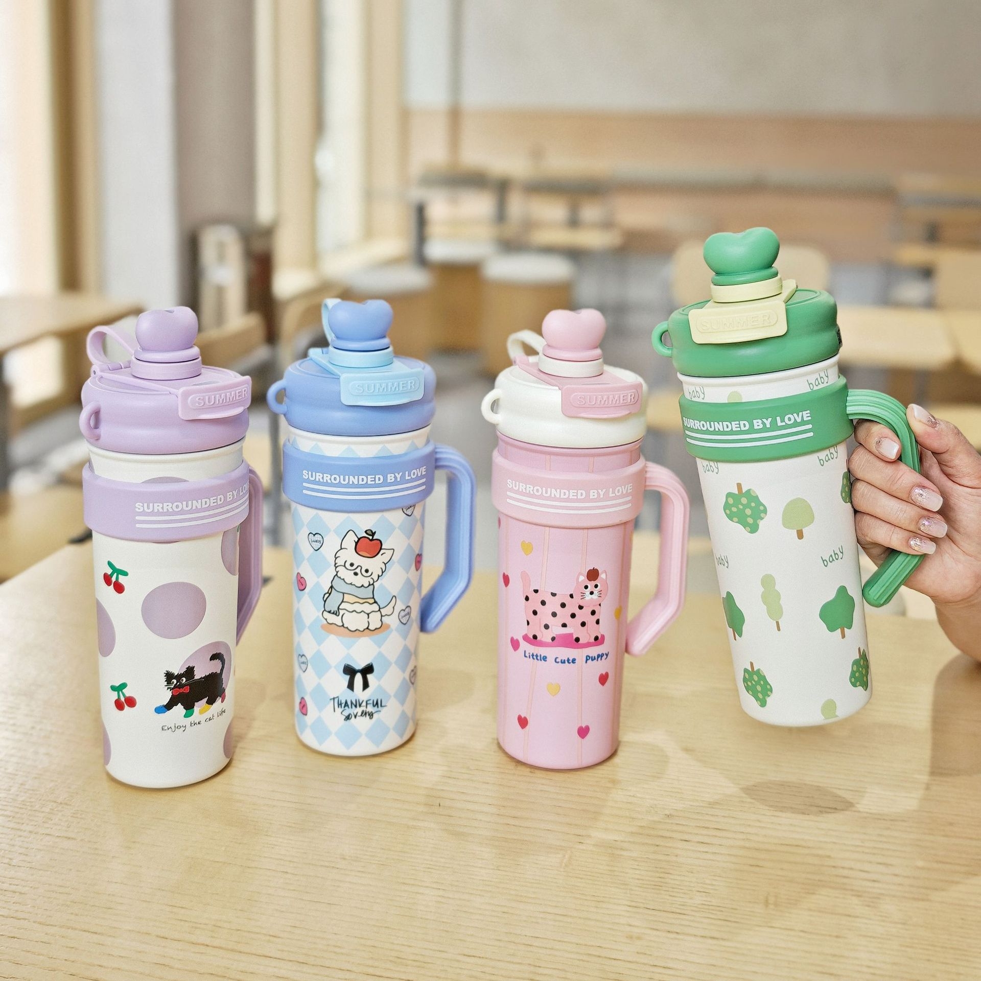 700ml萌萌卡通大容量手把保溫杯不鏽鋼真空茶隔吸管杯