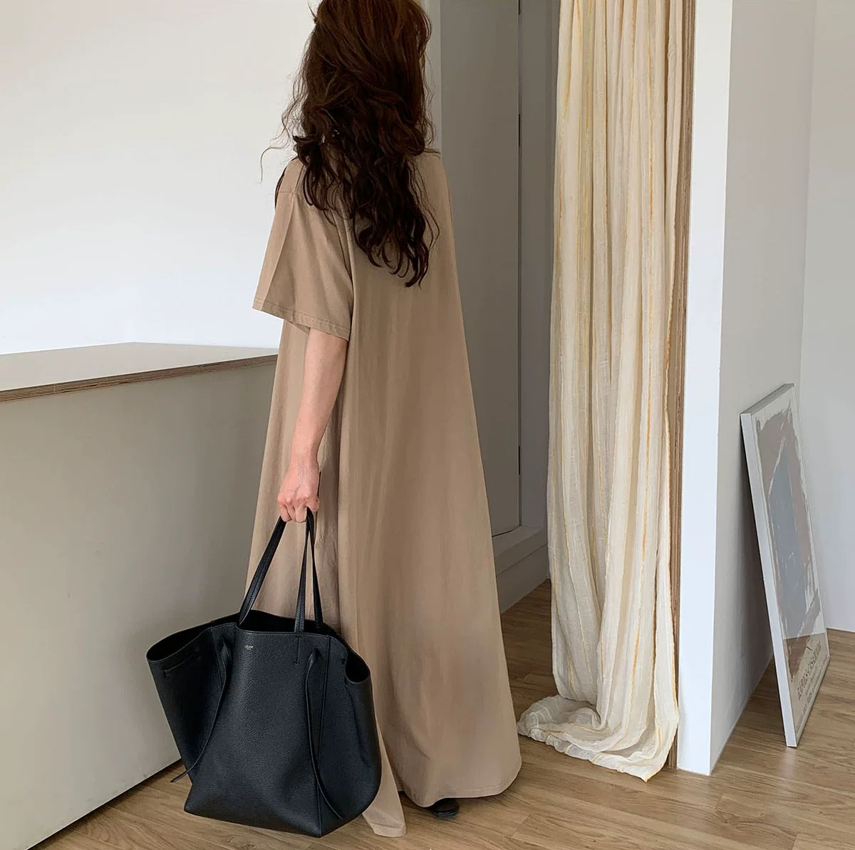 韓系慵懶風圓領寬鬆長版T恤洋裝5