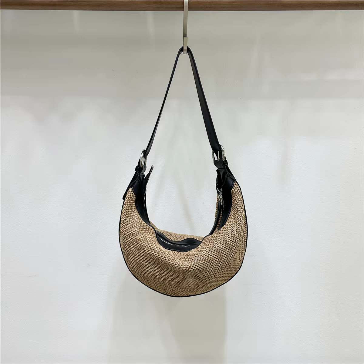 夏季拼接草編包 時尚通勤月牙單肩斜背包3