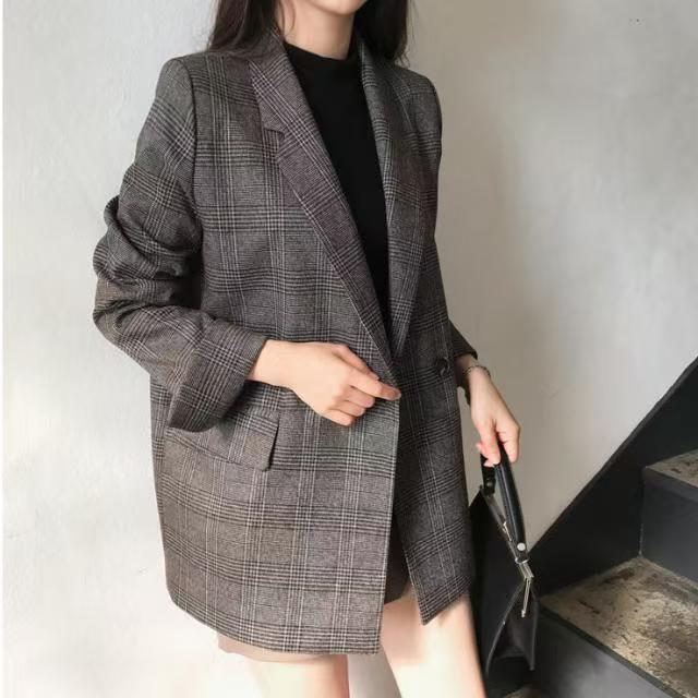 韓系復古雙排扣格紋西裝外套4