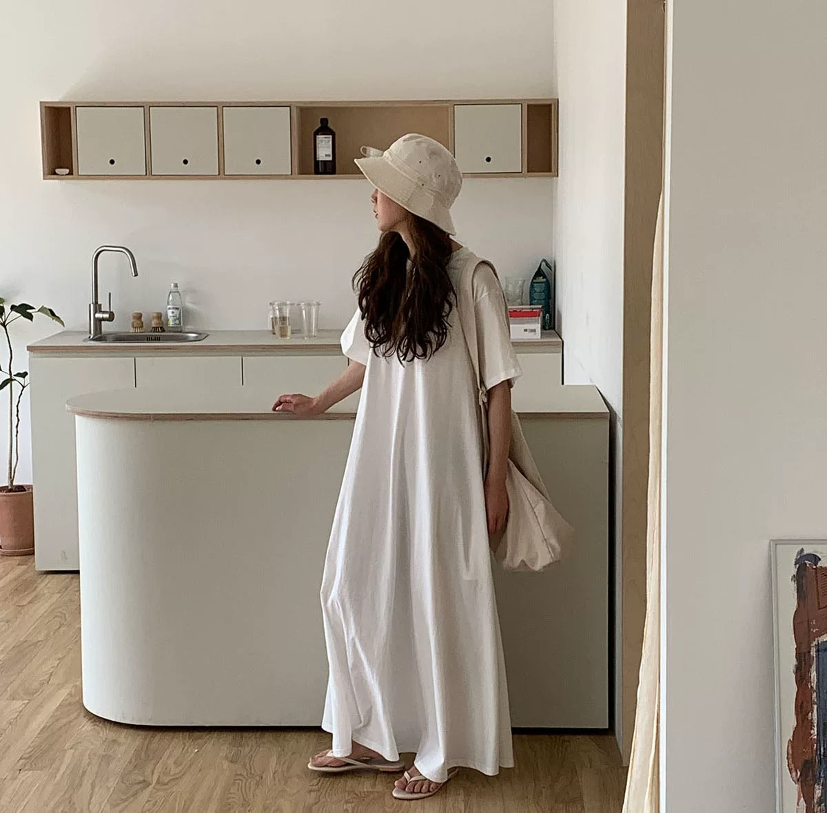 韓系慵懶風圓領寬鬆長版T恤洋裝3