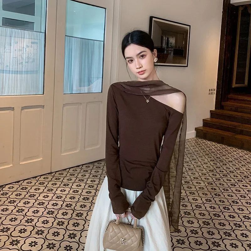 秋季新款法式氣質露肩上衣 復古斜肩修身上衣