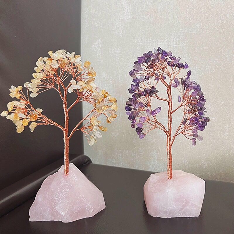 粉晶原石底座天然水晶樹擺件2