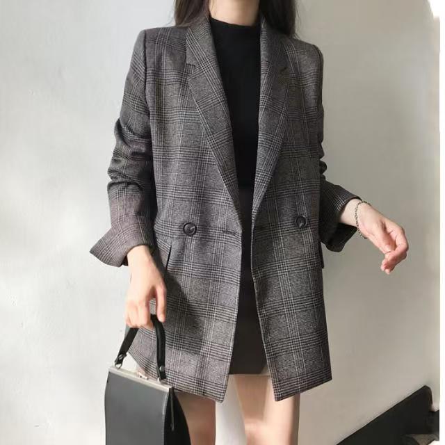 韓系復古雙排扣格紋西裝外套10