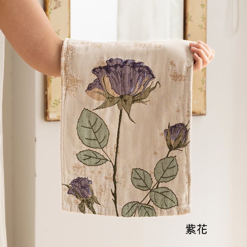 復古花卉提花紗布純棉毛巾2入組4