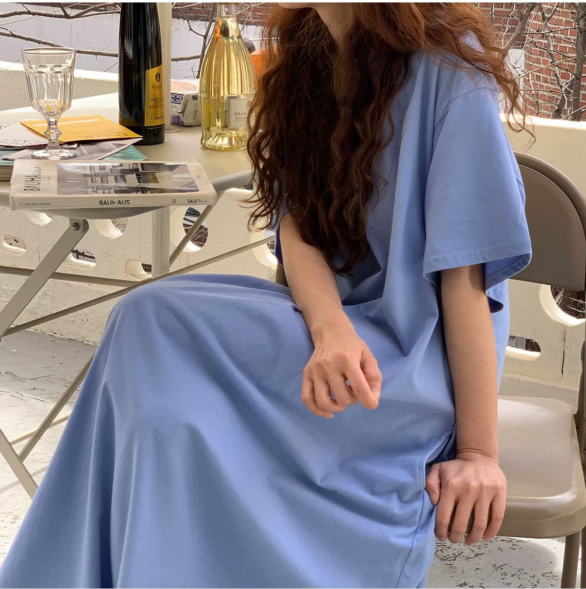 韓系慵懶風圓領寬鬆長版T恤洋裝4