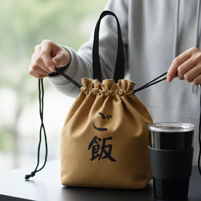 日式「ご飯」加厚帆布雙層隔熱便當袋|抽繩束口大容量手提飯盒袋4