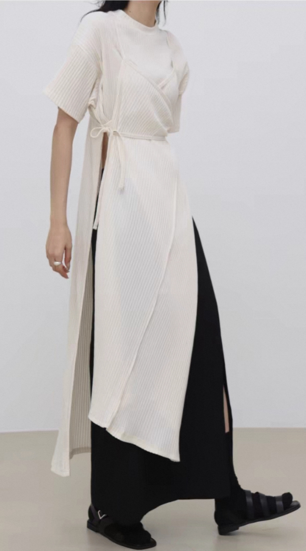 韓系極簡風 綁帶收腰側開叉長洋裝5