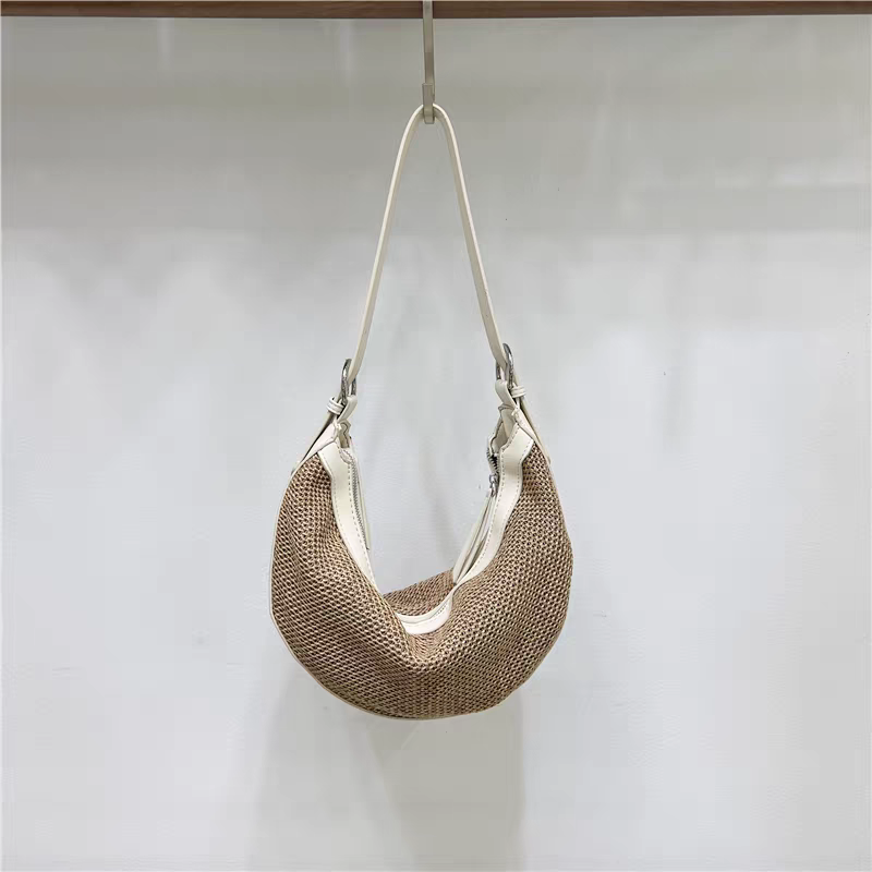 夏季拼接草編包 時尚通勤月牙單肩斜背包4