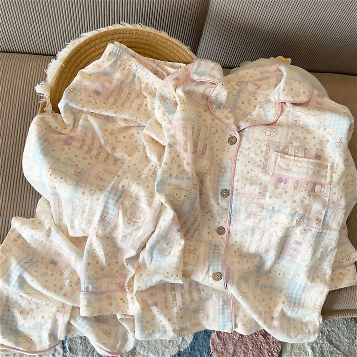 日系甜美溫柔奶油格可愛款長袖睡衣家居服套裝