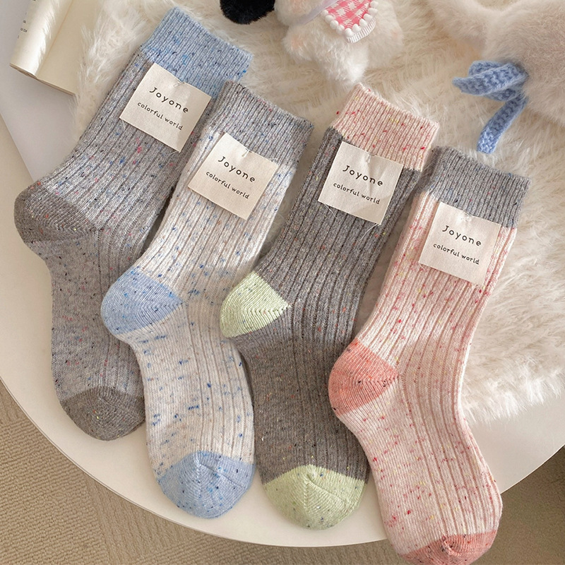 秋冬拼色羊絨襪保暖中筒襪4雙組